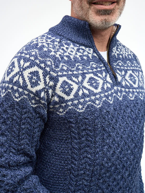 Mens Aran Half Zip Sweater with Fairisle Design#color_denim-marl$men
