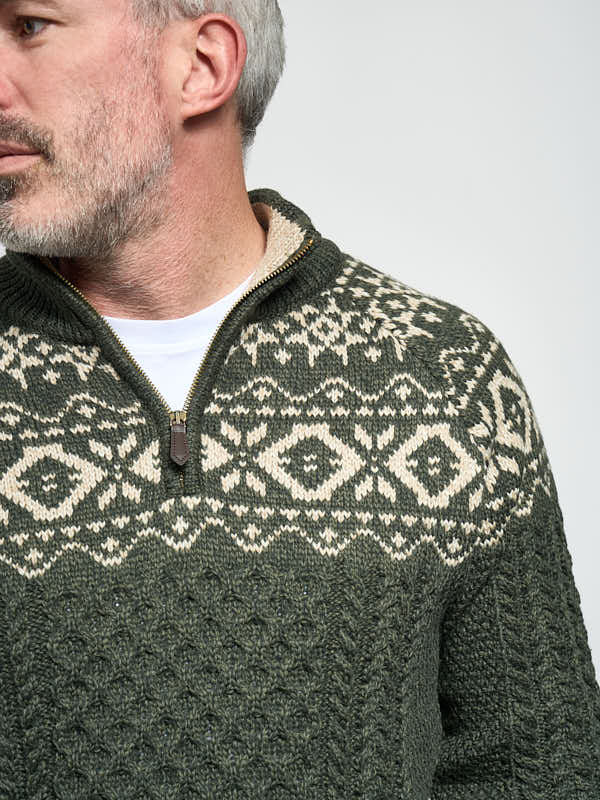 Mens Aran Half Zip Sweater with Fairisle Design#color_army-green$men