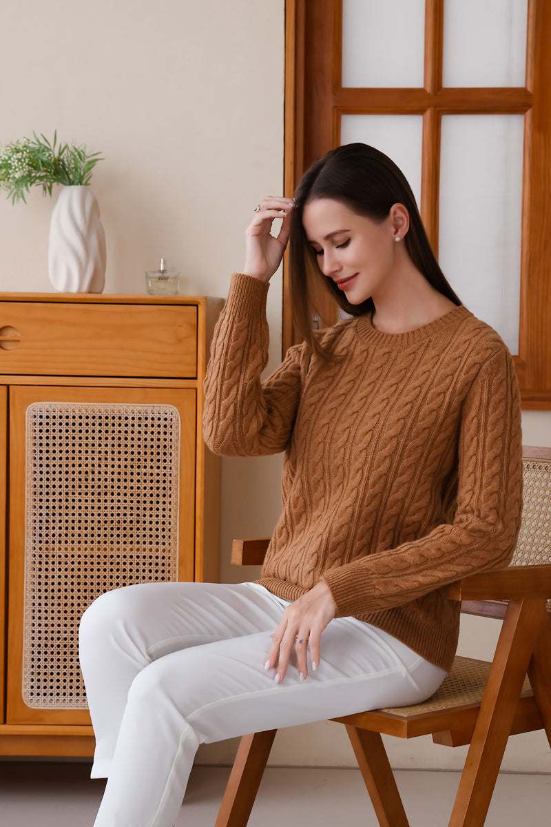 Inis Aran Luxury Merino Cable Knit Sweater#color_acorn