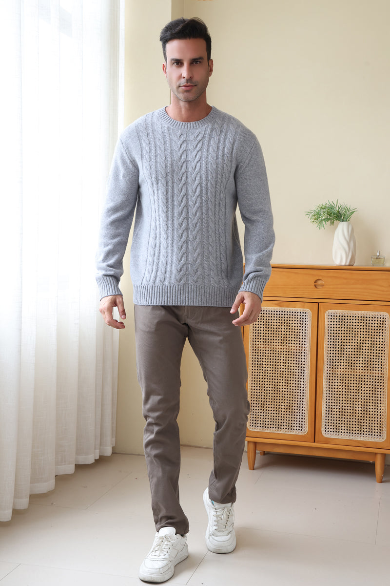 Man wearing the Inis Aran Jacob Aran Cable Merino Wool Sweater#color_ashen