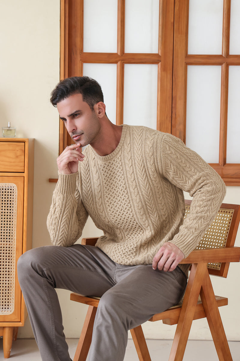 Man wearing a luxury merino aran knit sweater by Inis Aran#color_light-camel