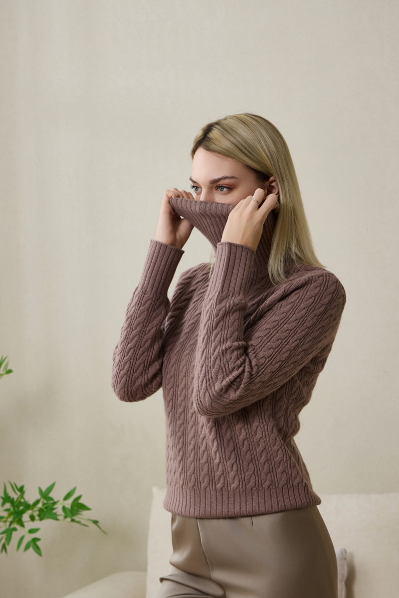 Ladies Cable Knit Turtle Neck with Cashmere by Inis Aran#color_ceramic-glaze