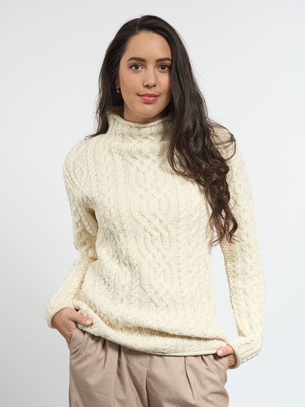 Supersoft Roll Neck Aran Sweater in Natural