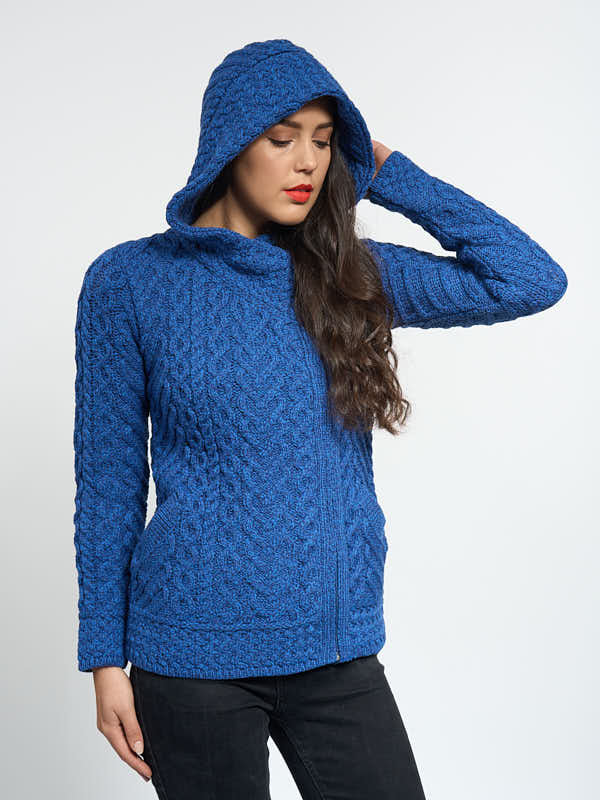 Aran Sweater Cable Knit Hooded Sweater Womens SAOL 100% Merino