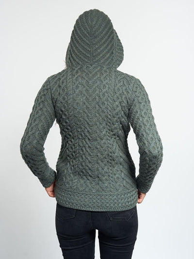 Ladies Biker Aran Knit Hoodie#colour_tundra-green$women