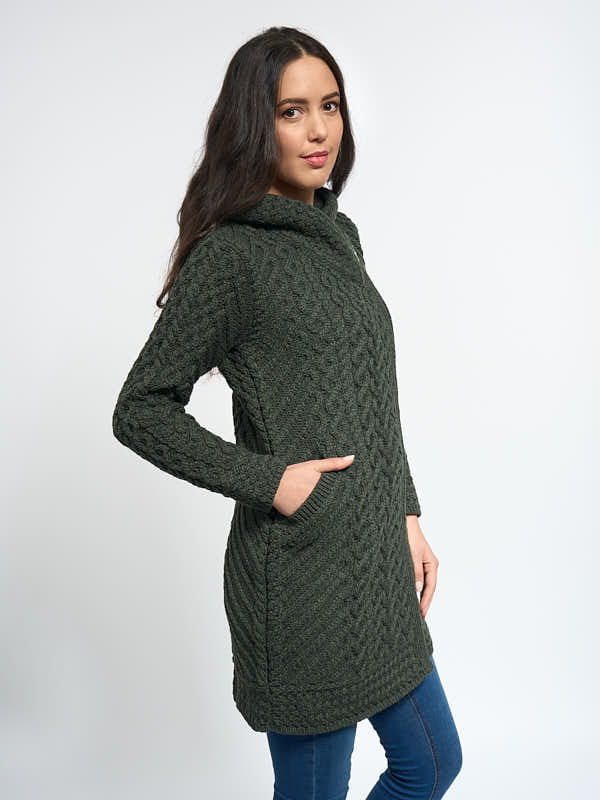 Aran Knit Irish Hoodie Coat#color_army-green$women