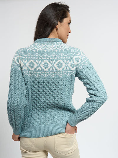 Irish Ladies Aran Knit Wool Sweater#color_aqua-natural$women