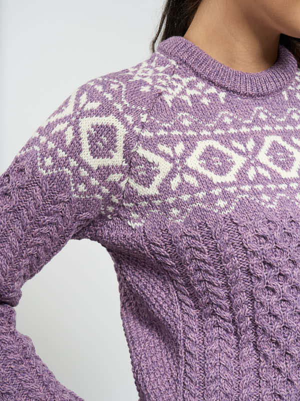 Irish Ladies Aran Knit Wool Sweater#color_lavender-natural$women