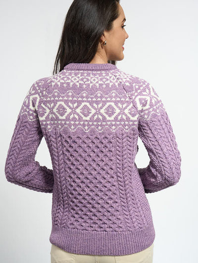 Irish Ladies Aran Knit Wool Sweater#color_lavender-natural$women