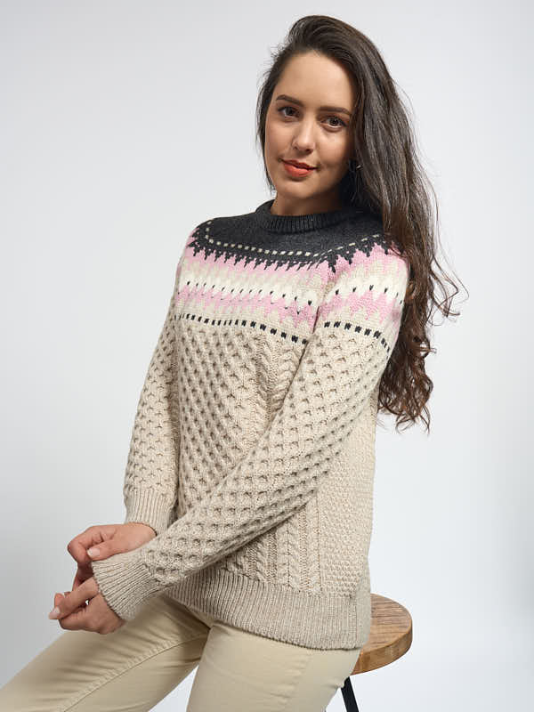 Ladies Aran Sweater#color_camel$women