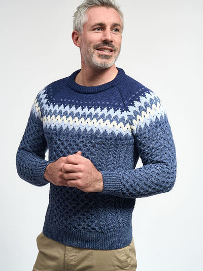 Mens Aran Sweater with Fairisle Design#color_denim$men