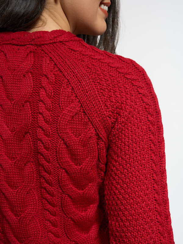 Aran Cable Knit V Neck Sweater with Cashmere#color_red$women