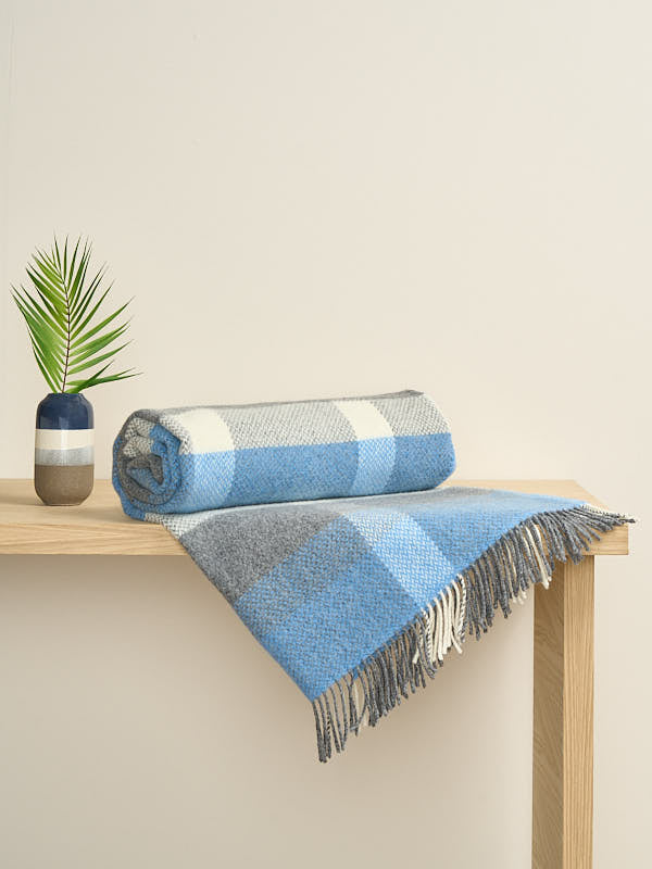 Wool Cashmere Blanket with Blue Multi Check Design