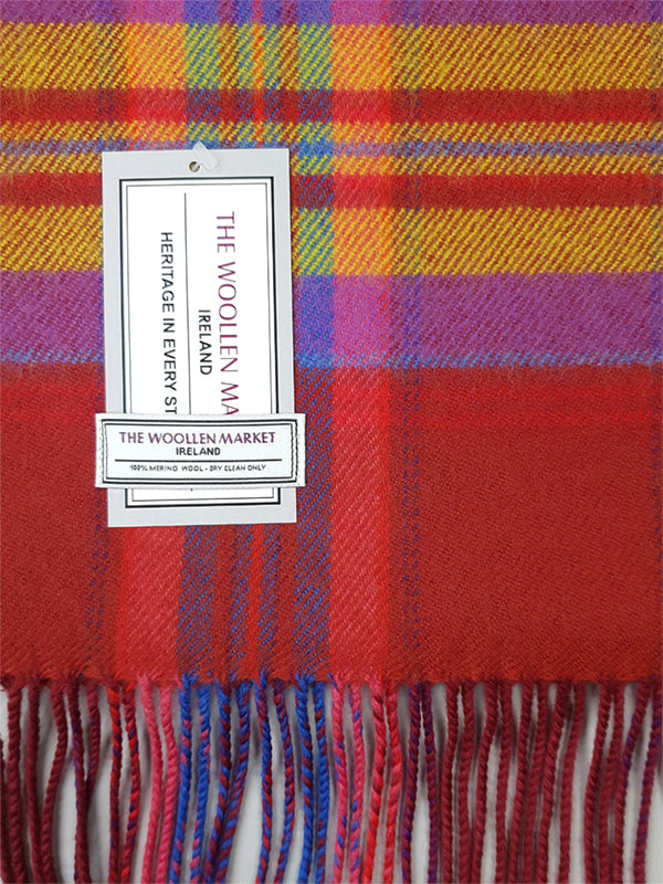 Fine Merino Wool Scarf in Red Yellow & Lilac Plaid