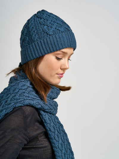 Aran Knit wool beanie hat & scarf set#color_mallard-blue$women