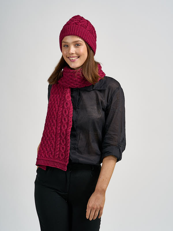 Aran Knit wool beanie hat & scarf set#color_fuchsia$women