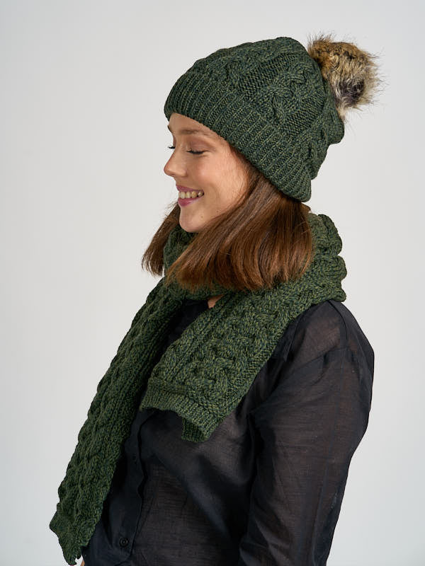 Aran Knit Wool Pom Pom Hat#color_army-green$women