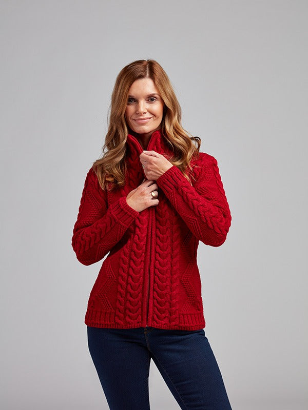 Aran Cable Knit Cardigan#color_red