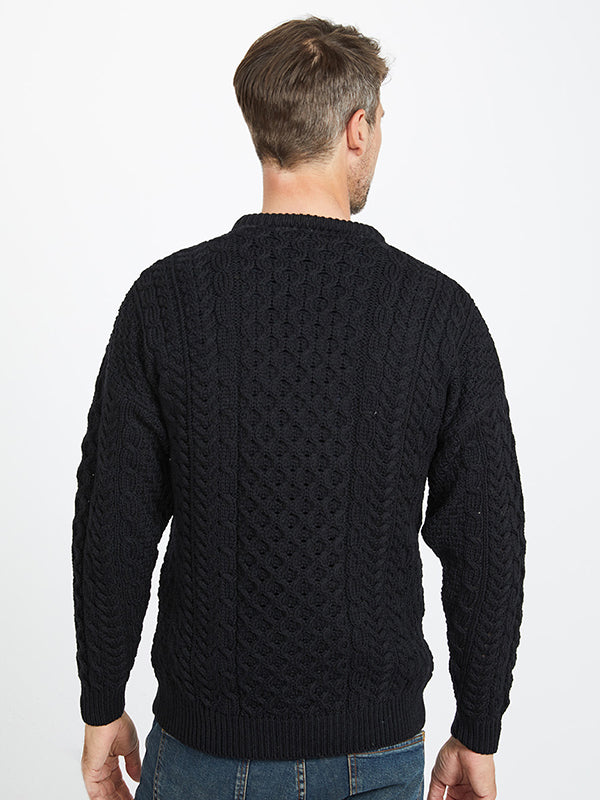 mens Irish aran knit crew neck sweater#color_black$men