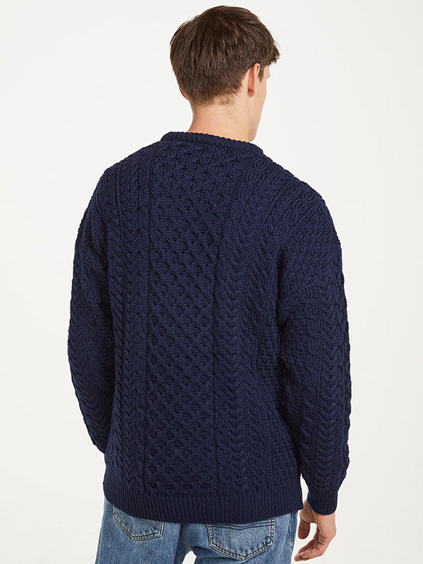 mens Irish aran knit crew neck sweater#color_navy$men