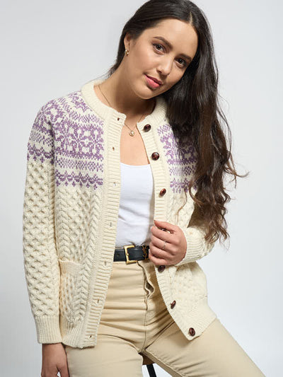 Classic Aran Knit Lumber Cardigan#color_natural-lavender$women