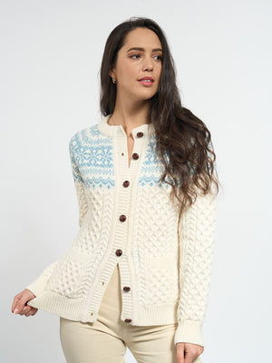 Classic Aran Knit Lumber Cardigan#color_natural-aqua$women