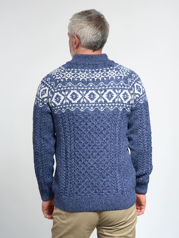 Mens Aran Half Zip Sweater with Fairisle Design#color_denim-marl$men