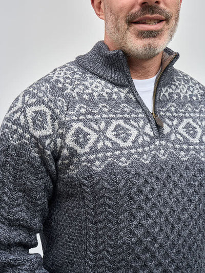 Mens Aran Half Zip Sweater with Fairisle Design#color_slate$men