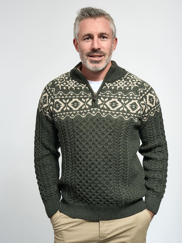 Mens Aran Half Zip Sweater with Fairisle Design#color_army-green$men