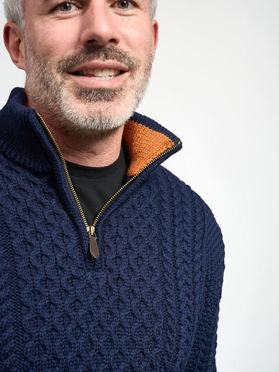 Authentic Aran Knit Half Zip Sweater#colour_navy$men