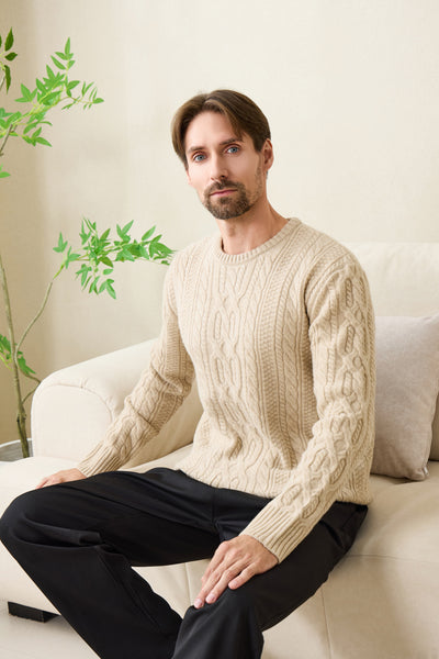Mens Cable Aran Sweater#color_linen