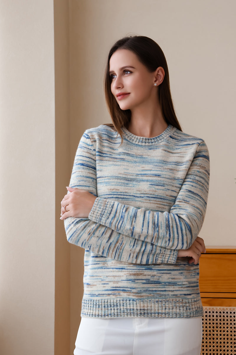 100% Ultra fine merino sweater featuring a space dyed pattern by Inis Aran Ireland's luxury knitwear brand#color_orizzonte