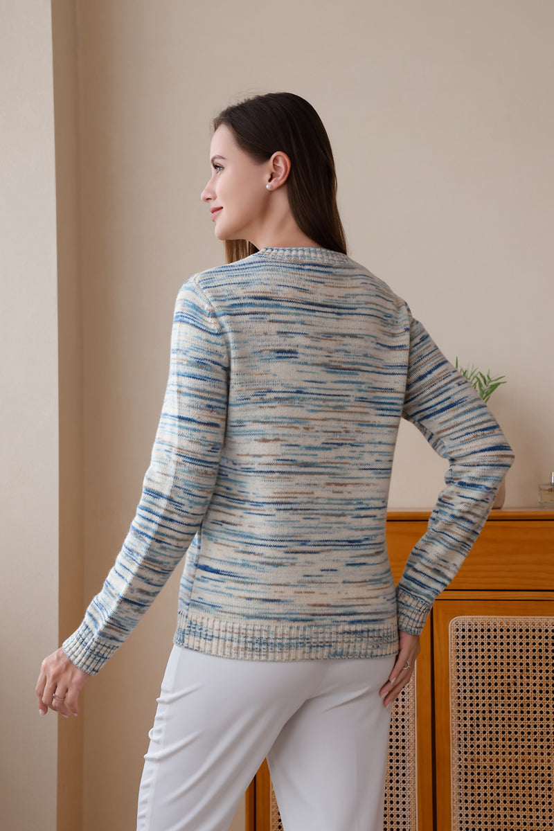 100% Ultra fine merino sweater featuring a space dyed pattern by Inis Aran Ireland's luxury knitwear brand#color_orizzonte