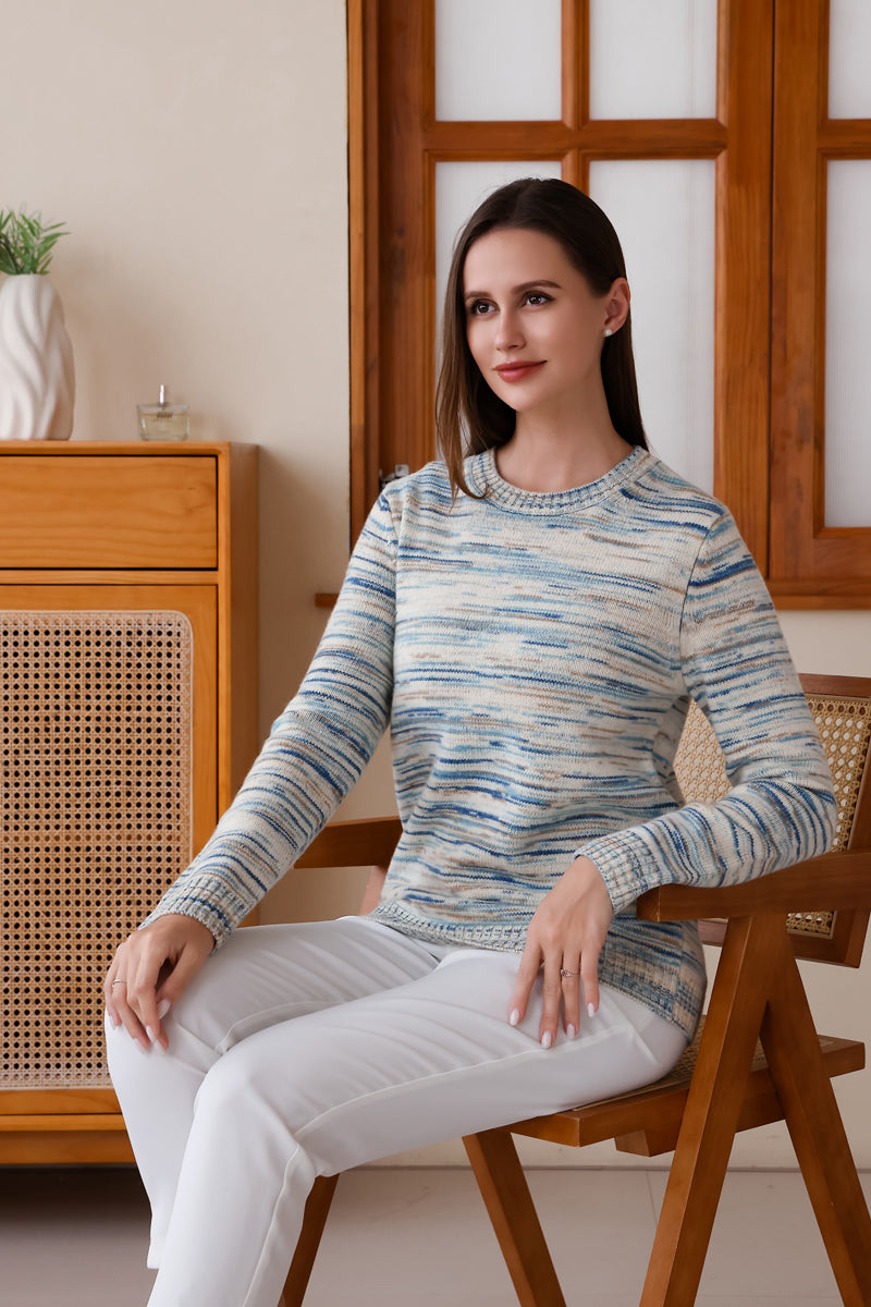 100% Ultra fine merino sweater featuring a space dyed pattern by Inis Aran Ireland's luxury knitwear brand#color_orizzonte