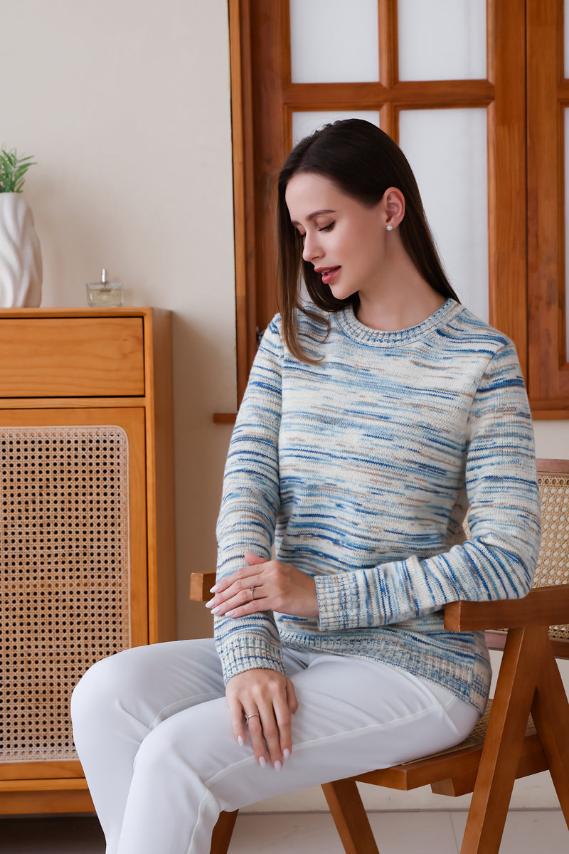 100% Ultra fine merino sweater featuring a space dyed pattern by Inis Aran Ireland's luxury knitwear brand#color_orizzonte