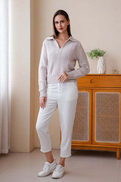 Inis Aran Luxury Wool Cashmere Polo Collar Sweater#color_off-white