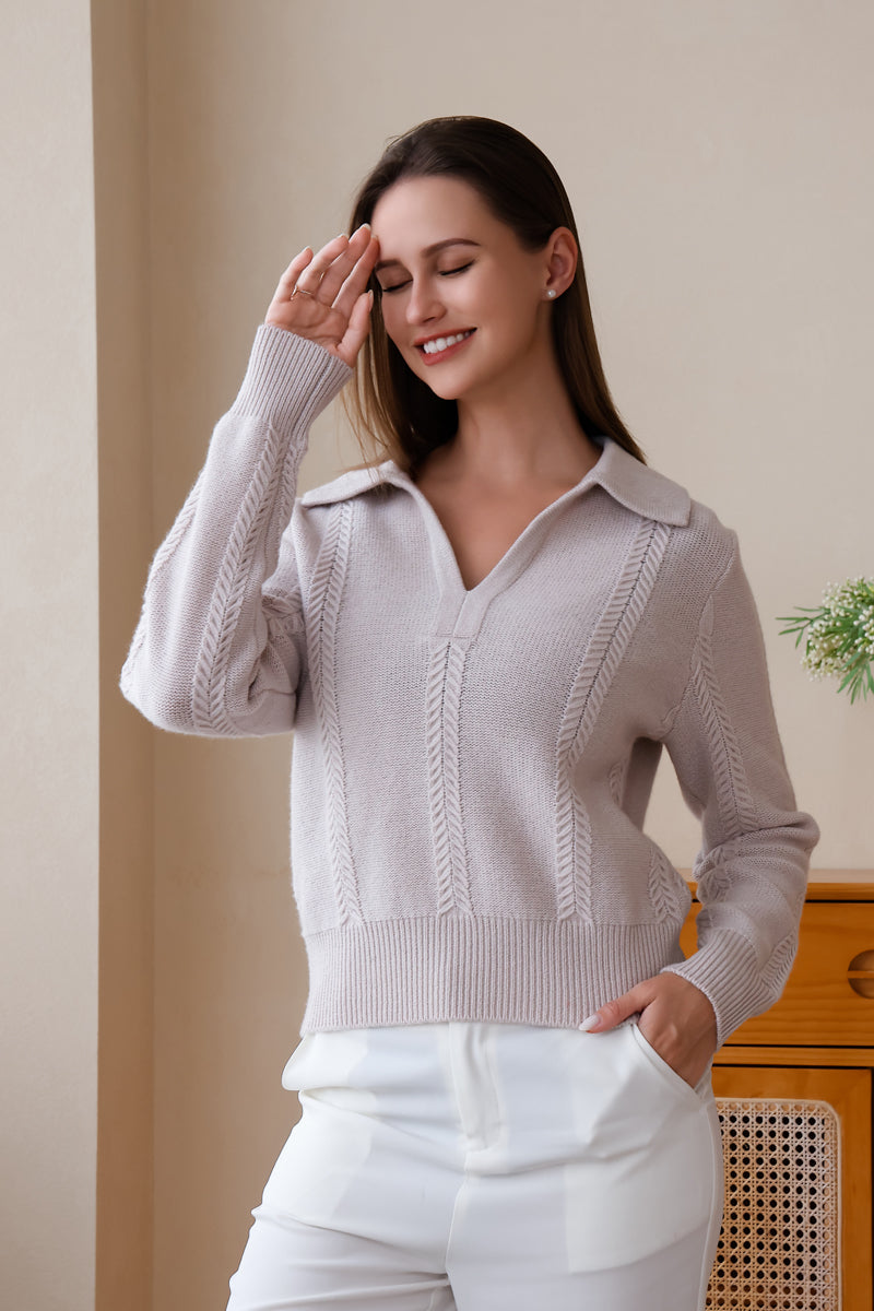 Inis Aran Luxury Wool Cashmere Polo Collar Sweater#color_off-white