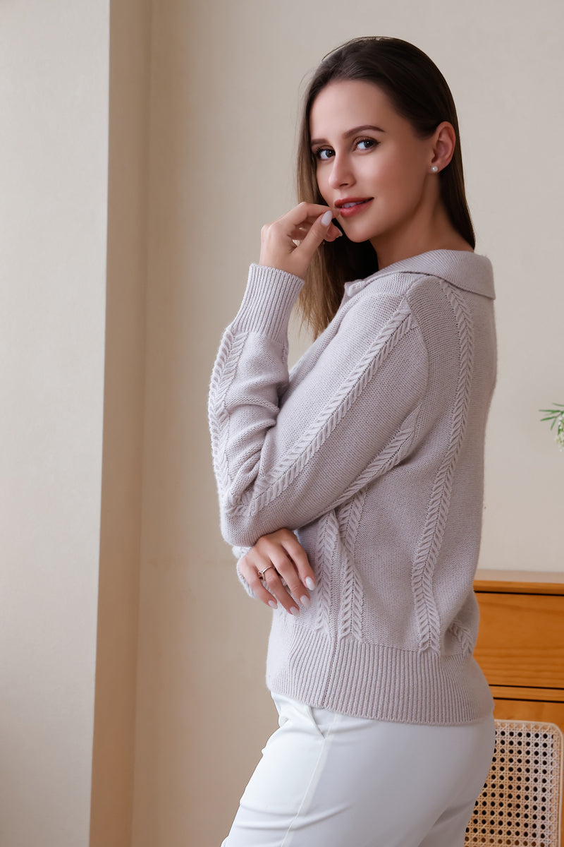 Inis Aran Luxury Wool Cashmere Polo Collar Sweater#color_off-white