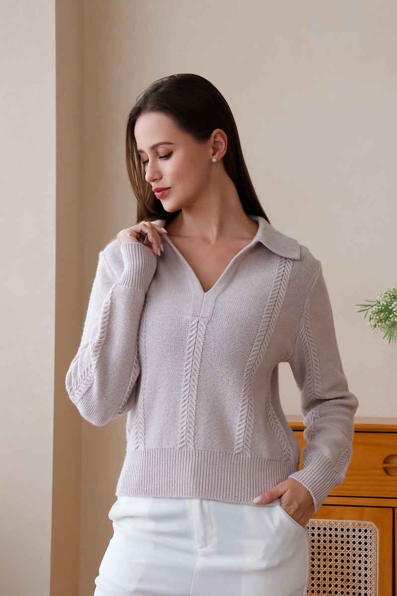 Inis Aran Luxury Wool Cashmere Polo Collar Sweater#color_off-white