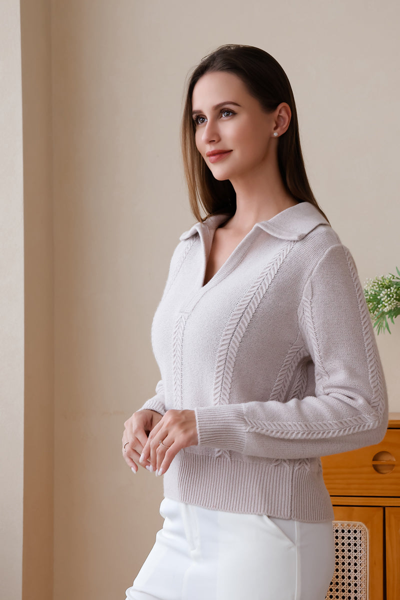 Inis Aran Luxury Wool Cashmere Polo Collar Sweater#color_off-white