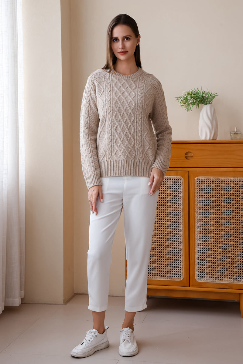 Luxury Ladies Aran Cable Sweater by Inis Aran#color_linen