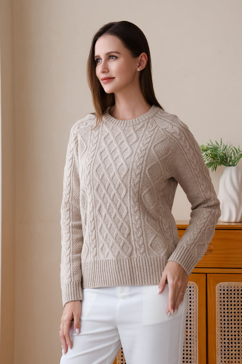 Luxury Ladies Aran Cable Sweater by Inis Aran#color_linen