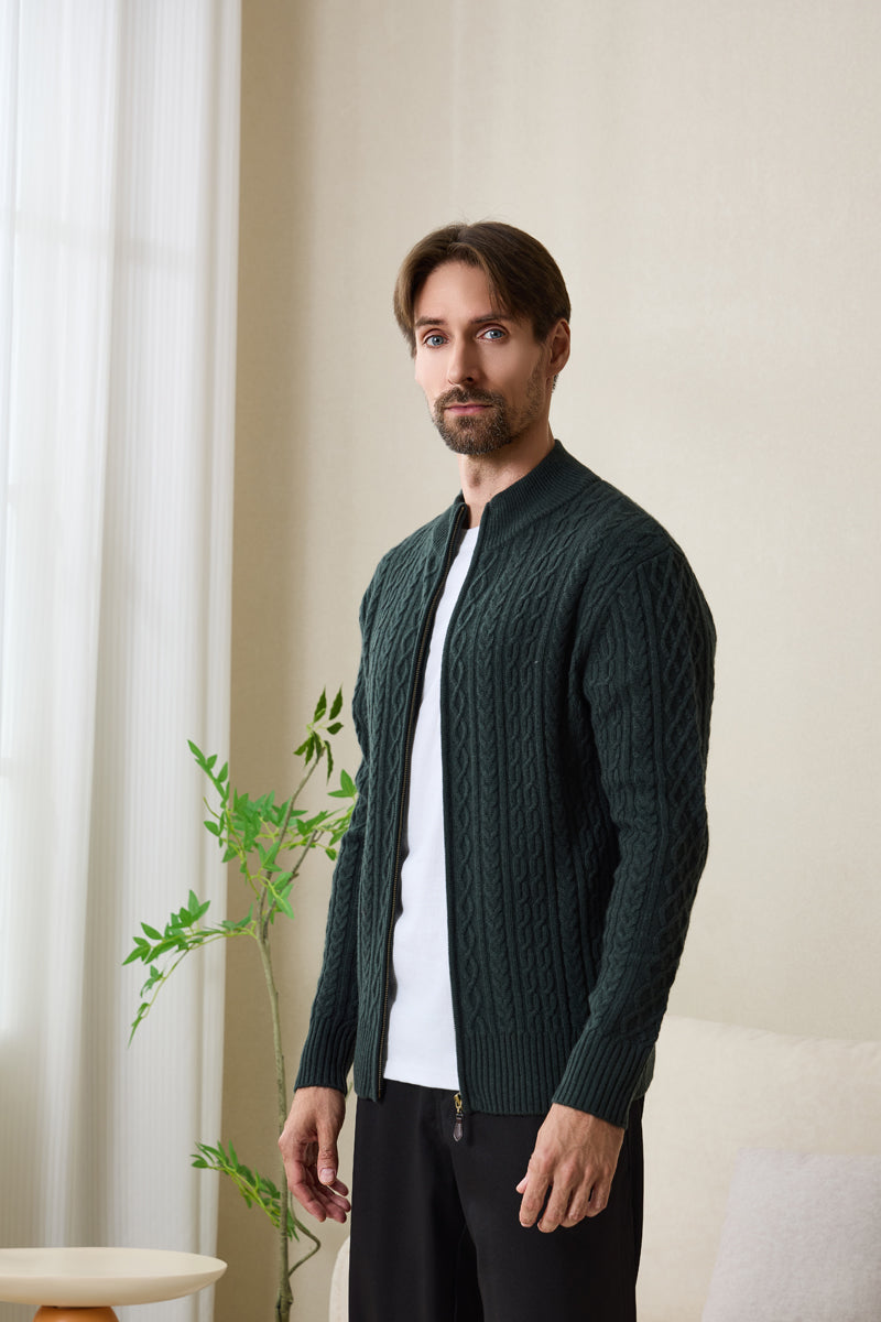 Inismaan Aran Zip Cardigan with Cashmere#color_dark-green