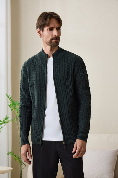 Inismaan Aran Zip Cardigan with Cashmere#color_dark-green