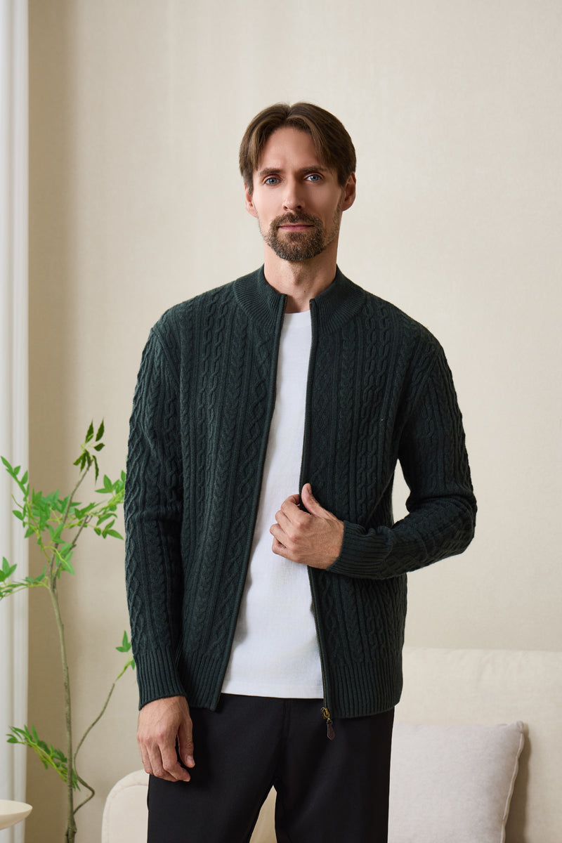 Inismaan Aran Zip Cardigan with Cashmere#color_dark-green