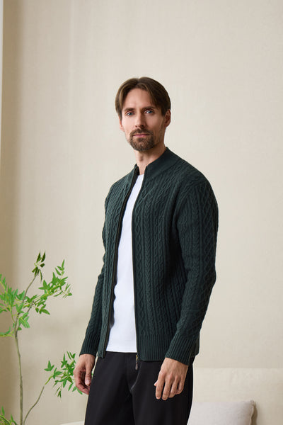 Inismaan Aran Zip Cardigan with Cashmere#color_dark-green