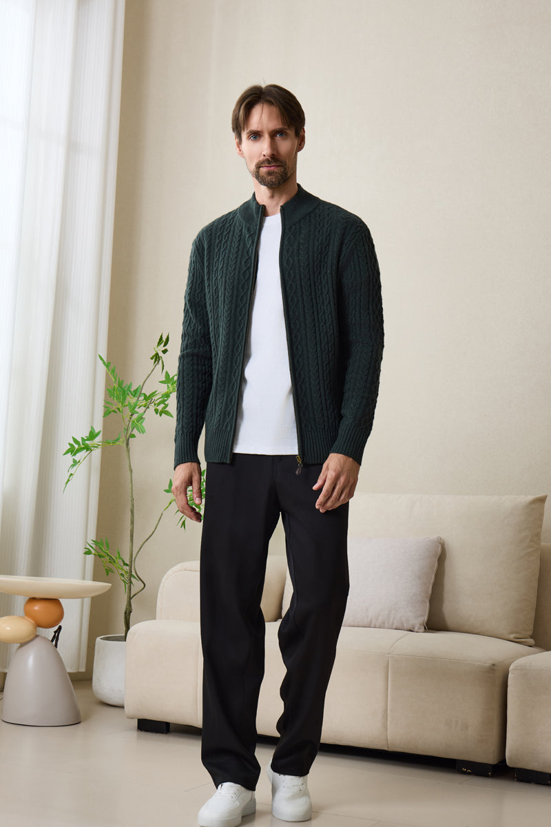 Inismaan Aran Zip Cardigan with Cashmere#color_dark-green