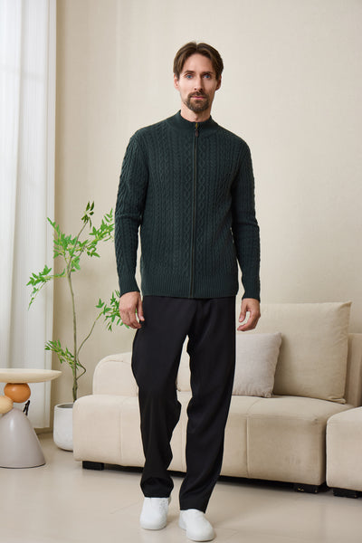 Inismaan Aran Zip Cardigan with Cashmere#color_dark-green