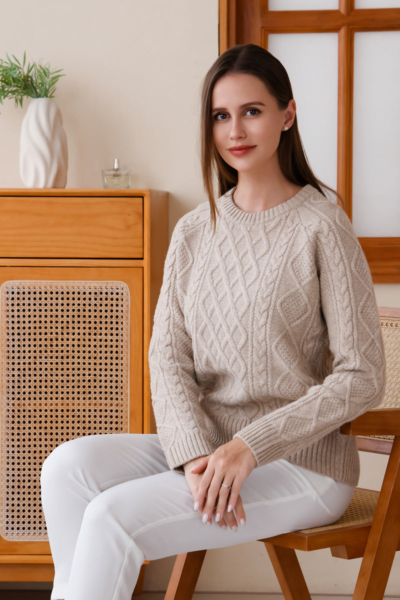 Luxury Ladies Aran Cable Sweater by Inis Aran#color_linen