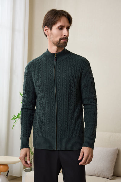 Inismaan Aran Zip Cardigan with Cashmere#color_dark-green